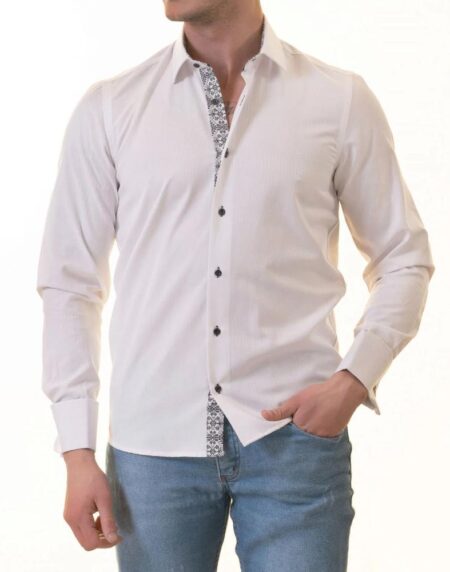 White French Double Cuff Shirt for Men – Slim Fit, Cotton (Black Design Inside)