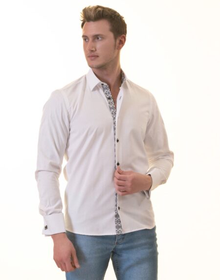 White French Double Cuff Shirt for Men – Slim Fit, Cotton (Black Design Inside)