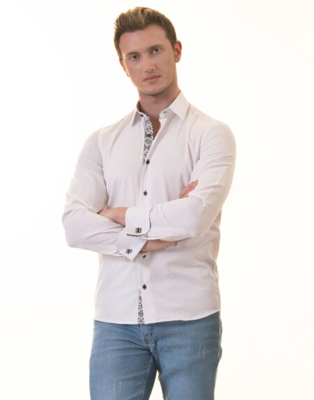 White French Double Cuff Shirt for Men – Slim Fit, Cotton (Black Design Inside)