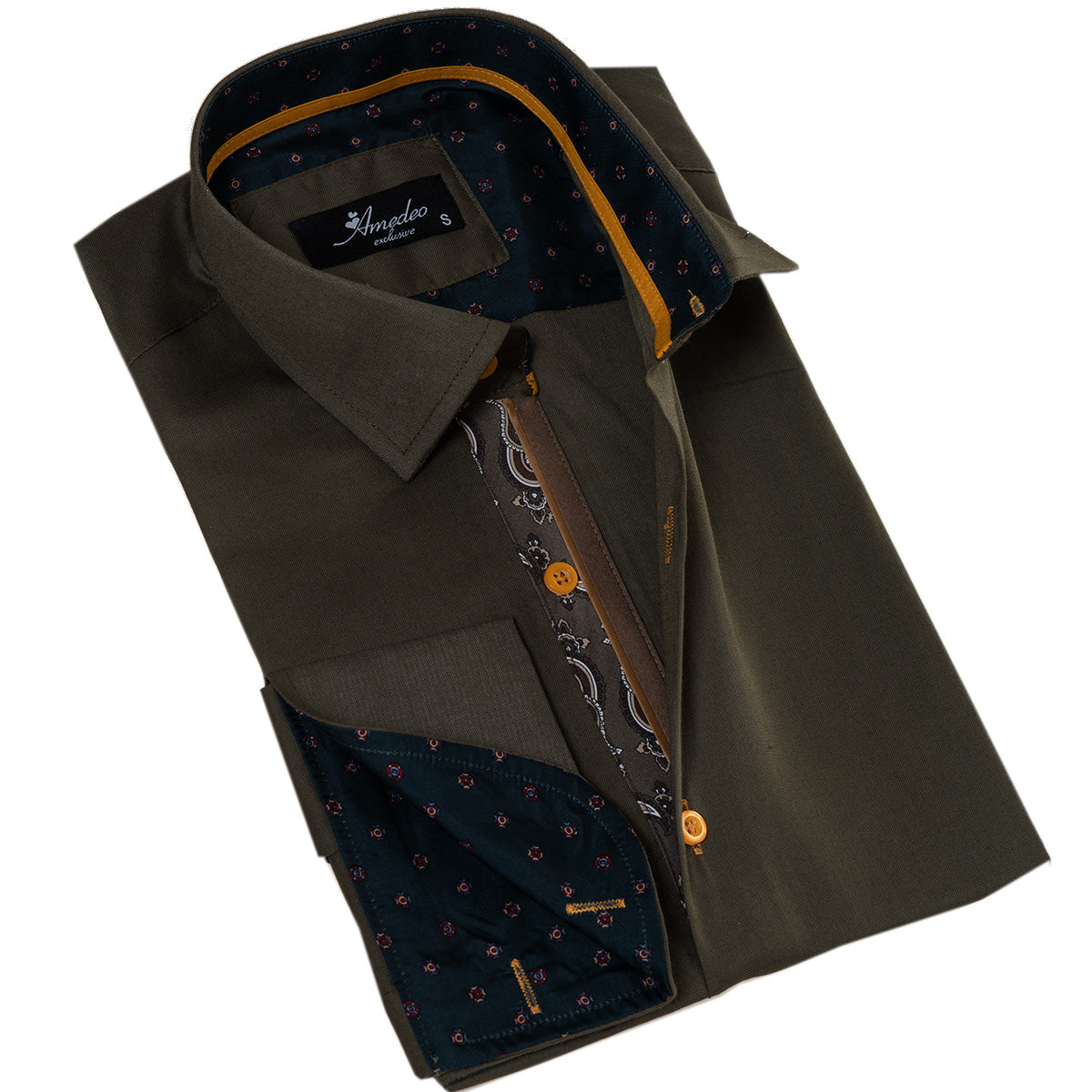 Green French Cuff Shirt — Slim Fit, Paisley Reversible Cuff