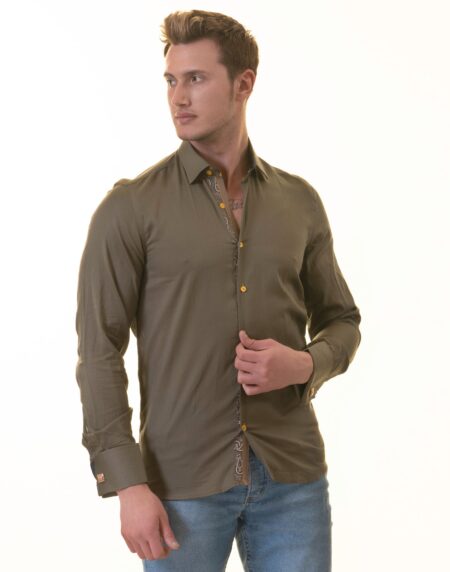 Green French Cuff Shirt — Slim Fit, Paisley Reversible Cuff