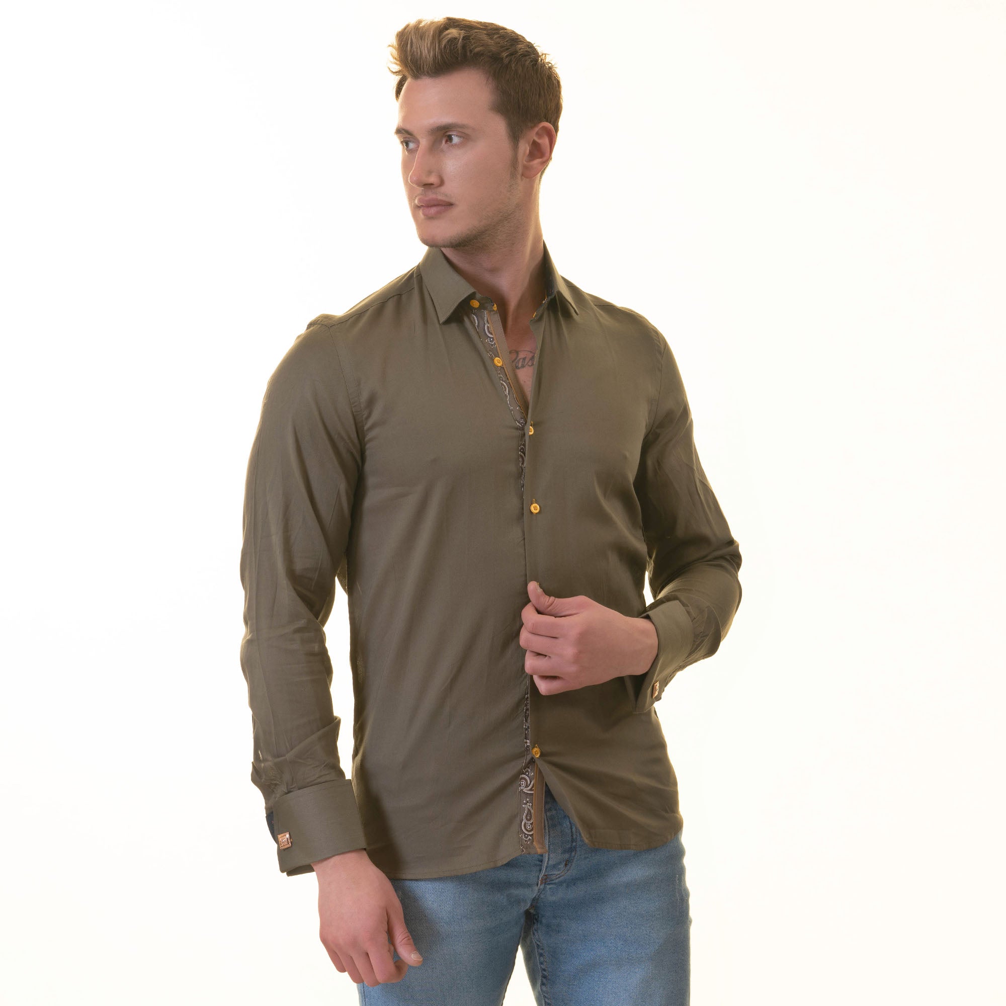 Green French Cuff Shirt — Slim Fit, Paisley Reversible Cuff - Image 4