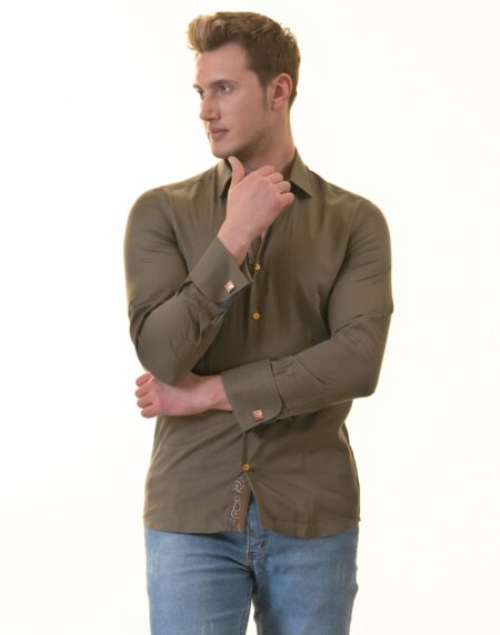 Green French Cuff Shirt — Slim Fit, Paisley Reversible Cuff