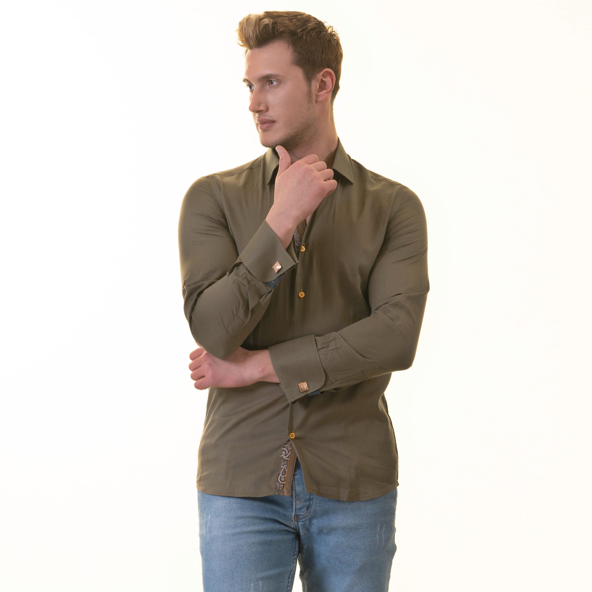 Green French Cuff Shirt — Slim Fit, Paisley Reversible Cuff - Image 7