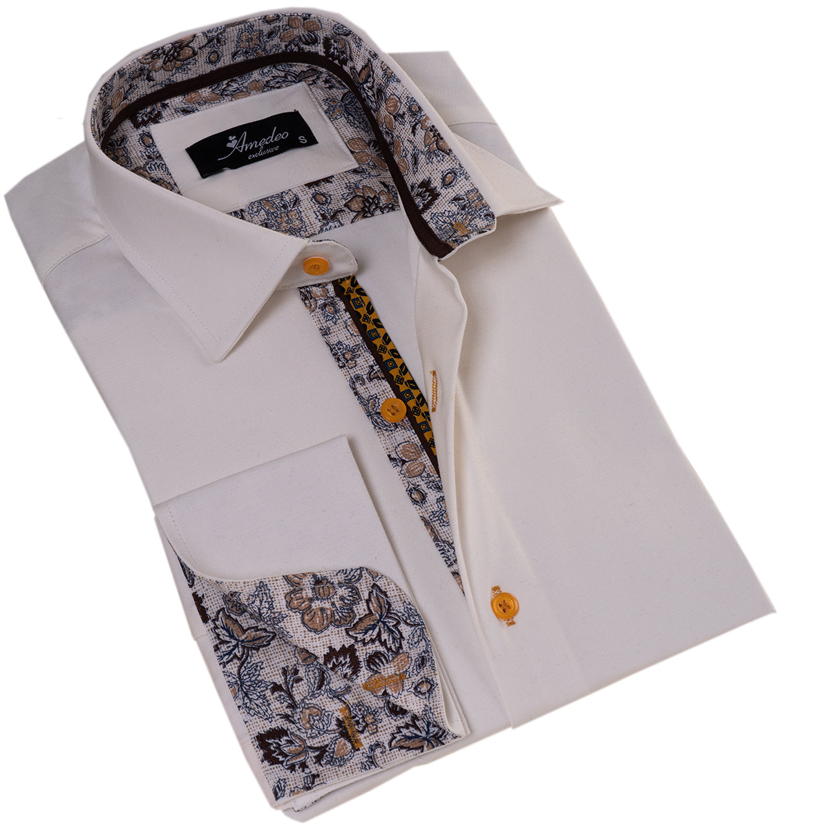 White French Cuff Shirt for Men- Slim Fit, Cotton Shirt (Floral Design Inside)