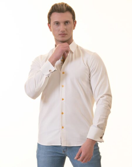 White French Cuff Shirt for Men- Slim Fit, Cotton Shirt (Floral Design Inside)
