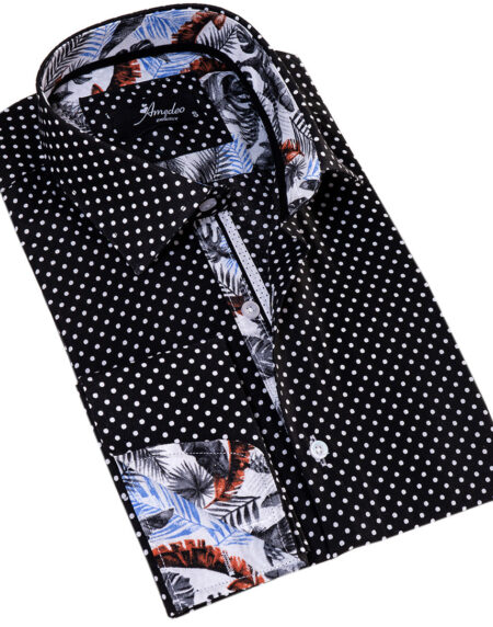 Tropical Slim Fit Long Sleeve Shirt for Men – (White, Black Polka Dot Inside)