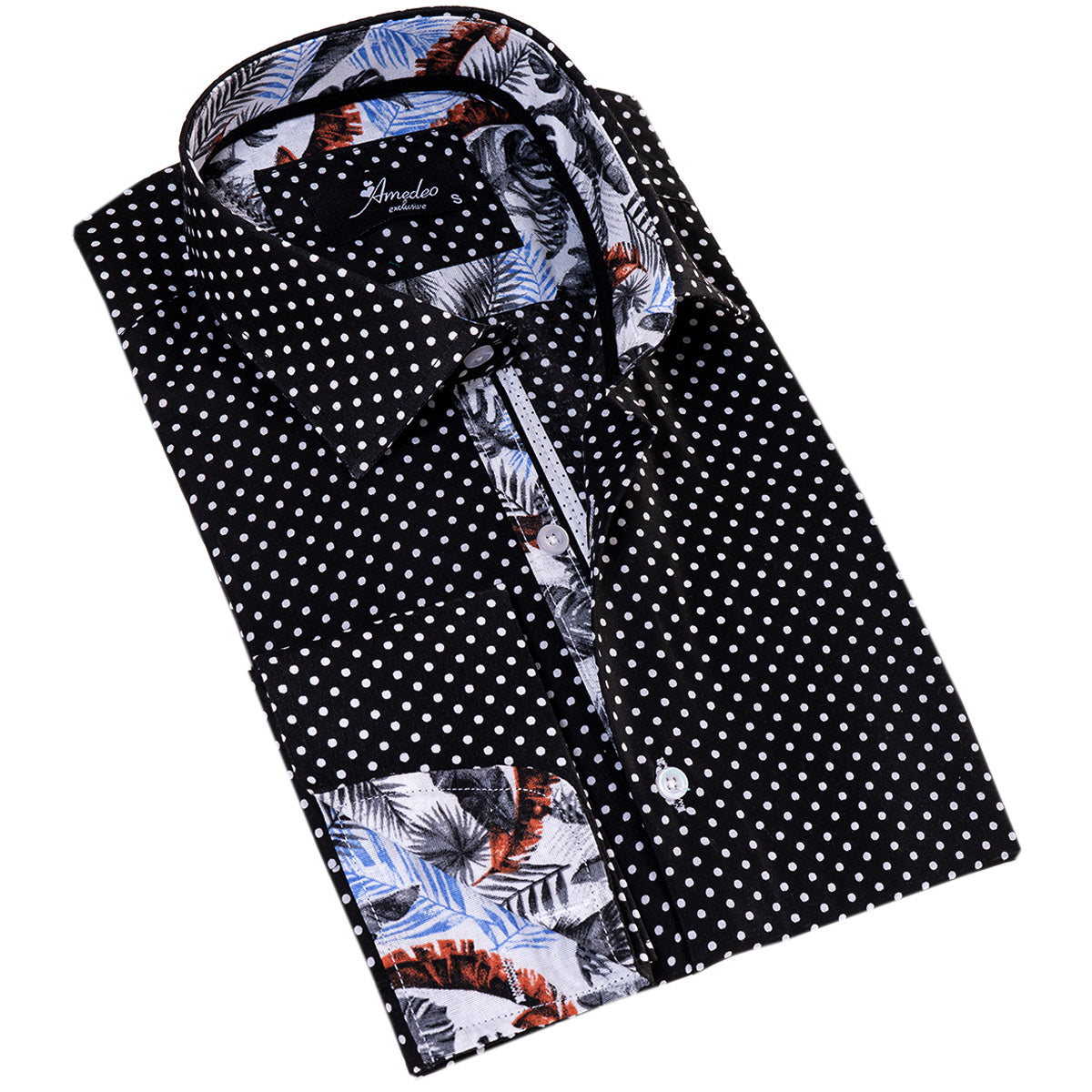 Tropical Slim Fit Long Sleeve Shirt for Men – (White, Black Polka Dot Inside)