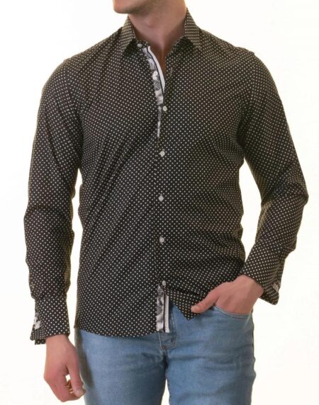 Tropical Slim Fit Long Sleeve Shirt for Men – (White, Black Polka Dot Inside)
