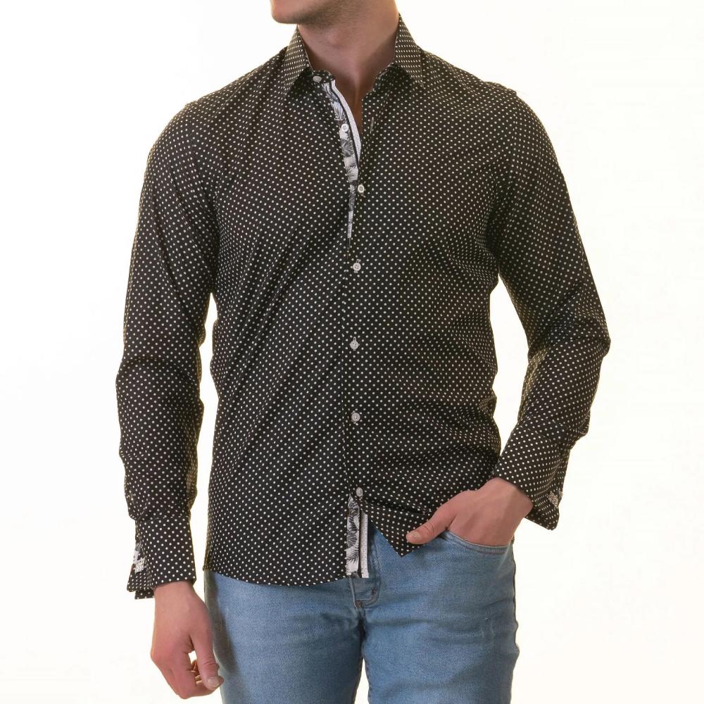 Tropical Slim Fit Long Sleeve Shirt for Men - (White, Black Polka Dot Inside) - Image 2