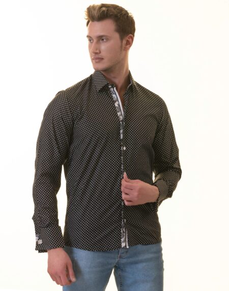 Tropical Slim Fit Long Sleeve Shirt for Men – (White, Black Polka Dot Inside)