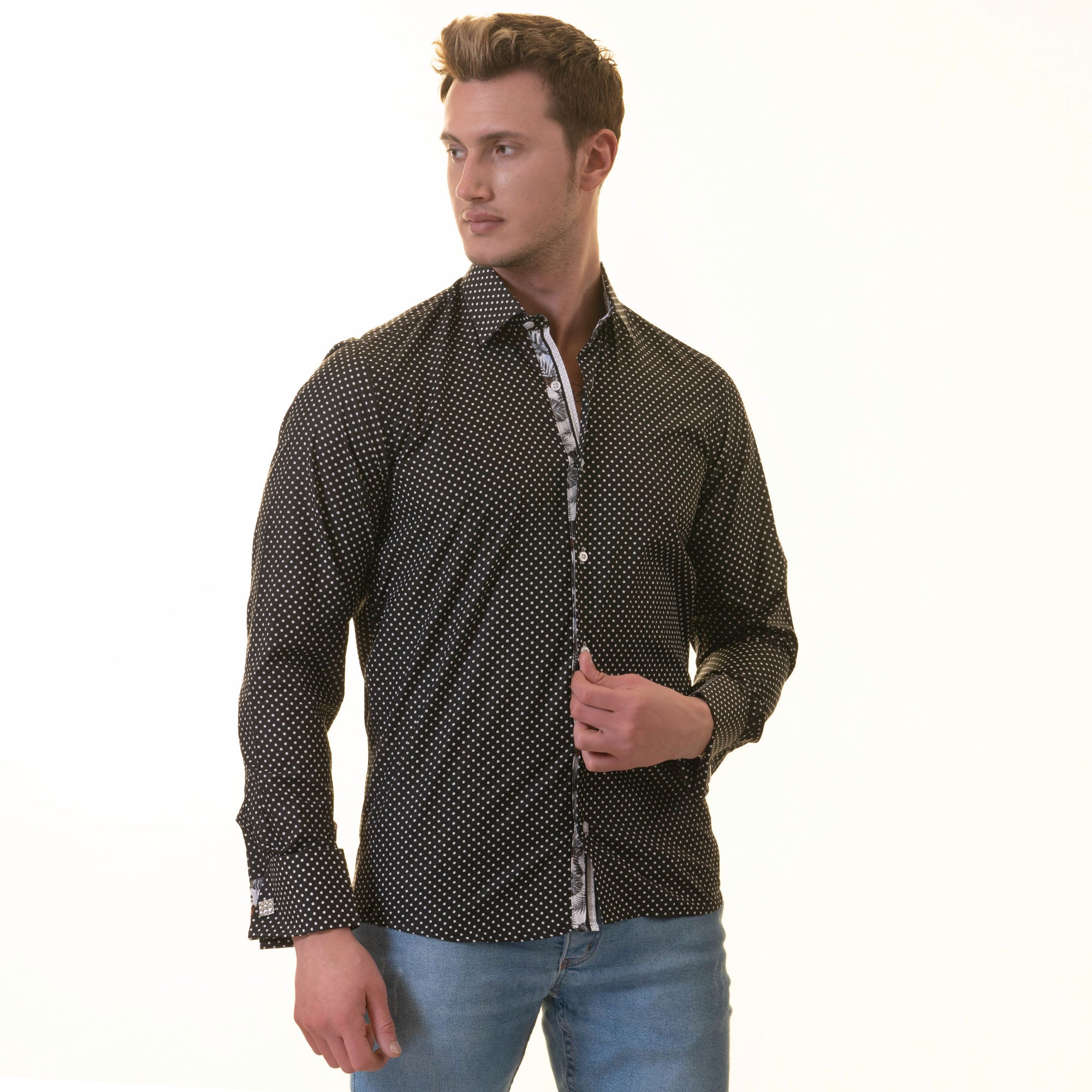 Tropical Slim Fit Long Sleeve Shirt for Men - (White, Black Polka Dot Inside) - Image 4