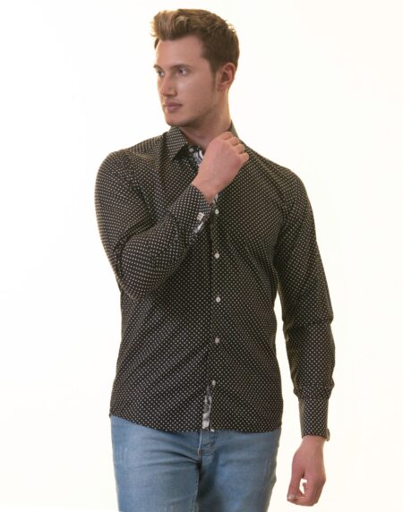 Tropical Slim Fit Long Sleeve Shirt for Men – (White, Black Polka Dot Inside)