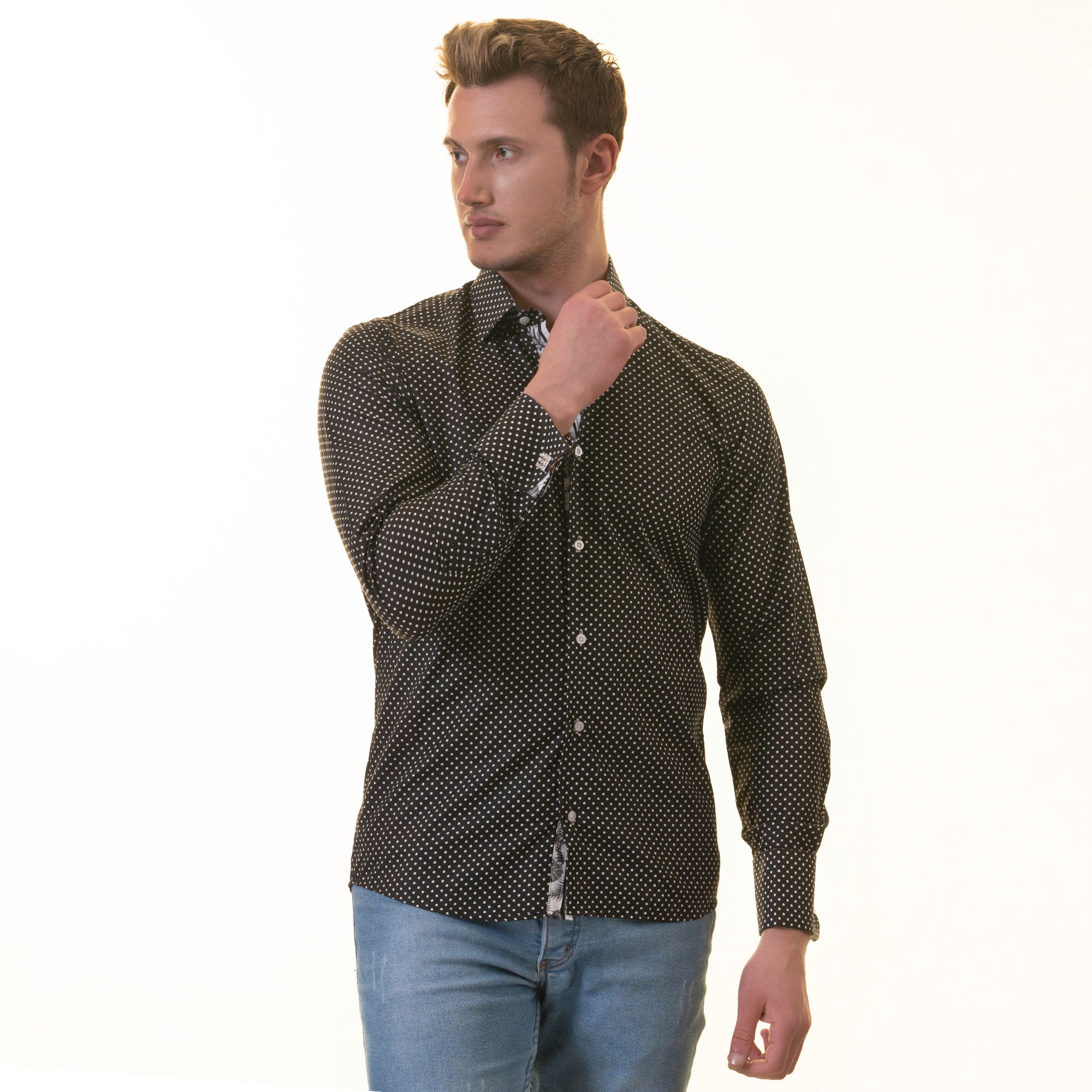Tropical Slim Fit Long Sleeve Shirt for Men - (White, Black Polka Dot Inside) - Image 5