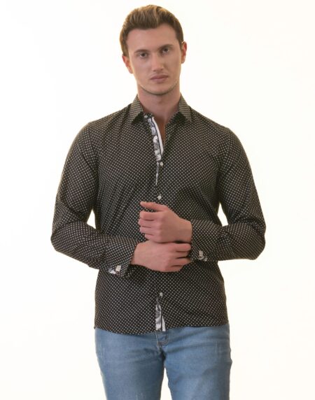 Tropical Slim Fit Long Sleeve Shirt for Men – (White, Black Polka Dot Inside)