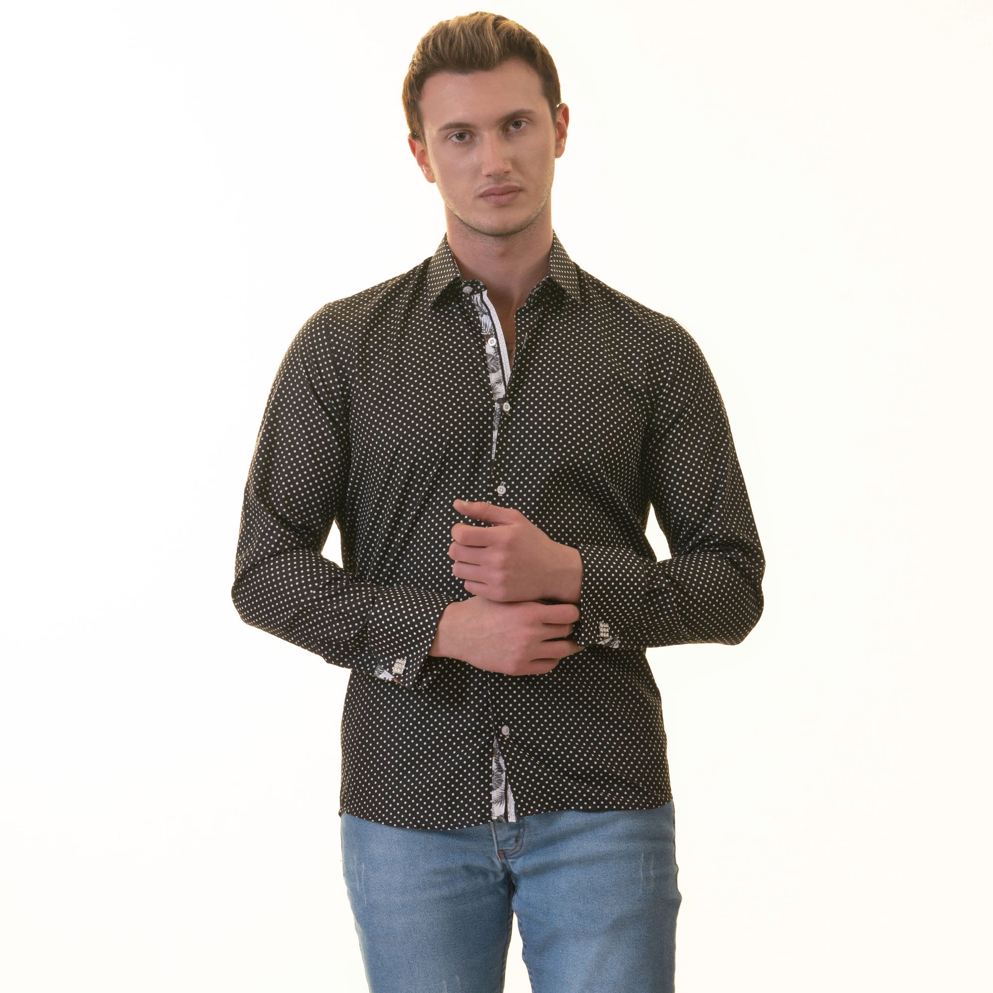 Tropical Slim Fit Long Sleeve Shirt for Men - (White, Black Polka Dot Inside) - Image 10