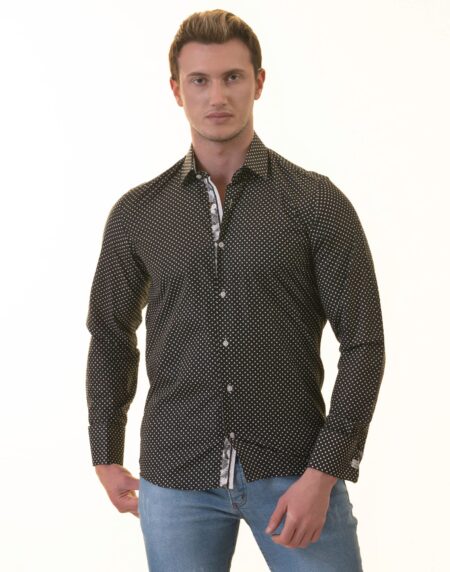 Tropical Slim Fit Long Sleeve Shirt for Men – (White, Black Polka Dot Inside)