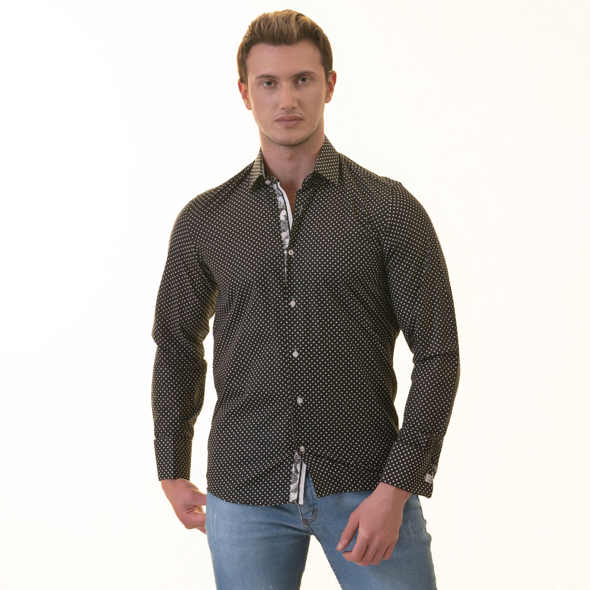 Tropical Slim Fit Long Sleeve Shirt for Men - (White, Black Polka Dot Inside) - Image 6