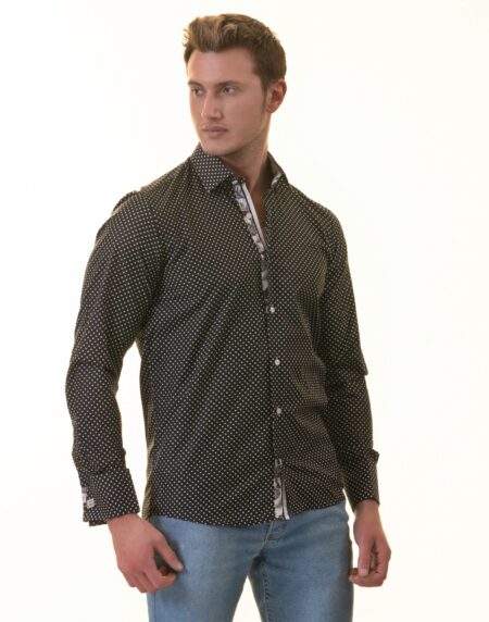 Tropical Slim Fit Long Sleeve Shirt for Men – (White, Black Polka Dot Inside)