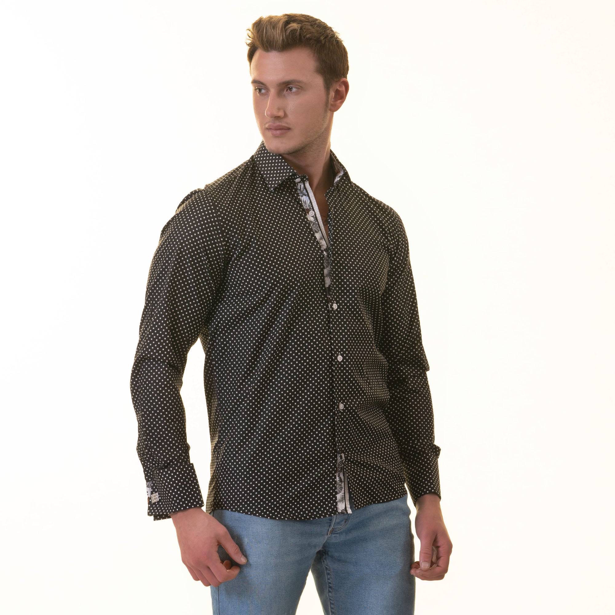 Tropical Slim Fit Long Sleeve Shirt for Men - (White, Black Polka Dot Inside) - Image 8
