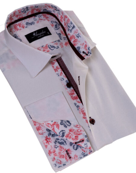 White French Cuff Shirt for Men – Slim Fit Cotton Shirts (Red Floral Inside)