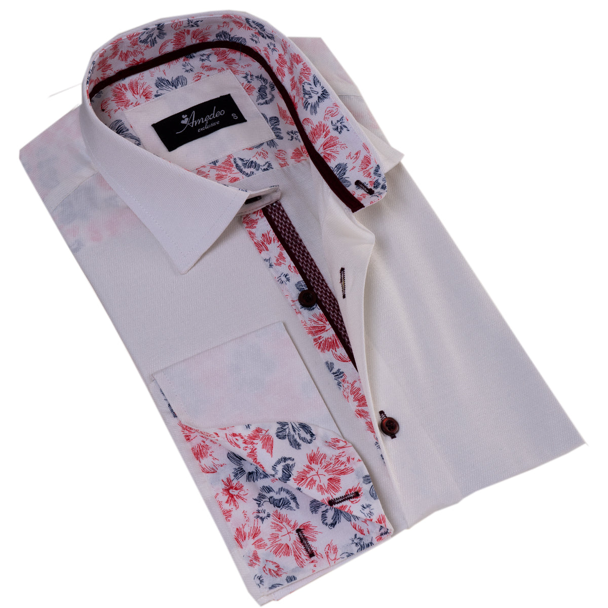 White French Cuff Shirt for Men – Slim Fit Cotton Shirts (Red Floral Inside)
