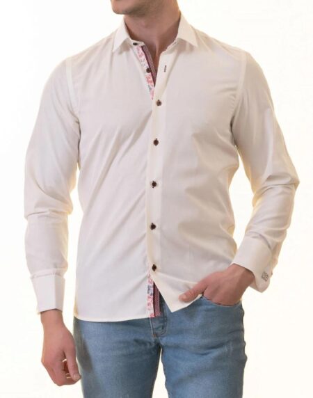 White French Cuff Shirt for Men – Slim Fit Cotton Shirts (Red Floral Inside)