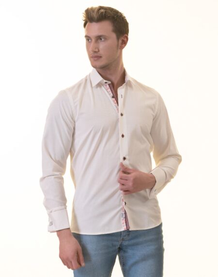 White French Cuff Shirt for Men – Slim Fit Cotton Shirts (Red Floral Inside)