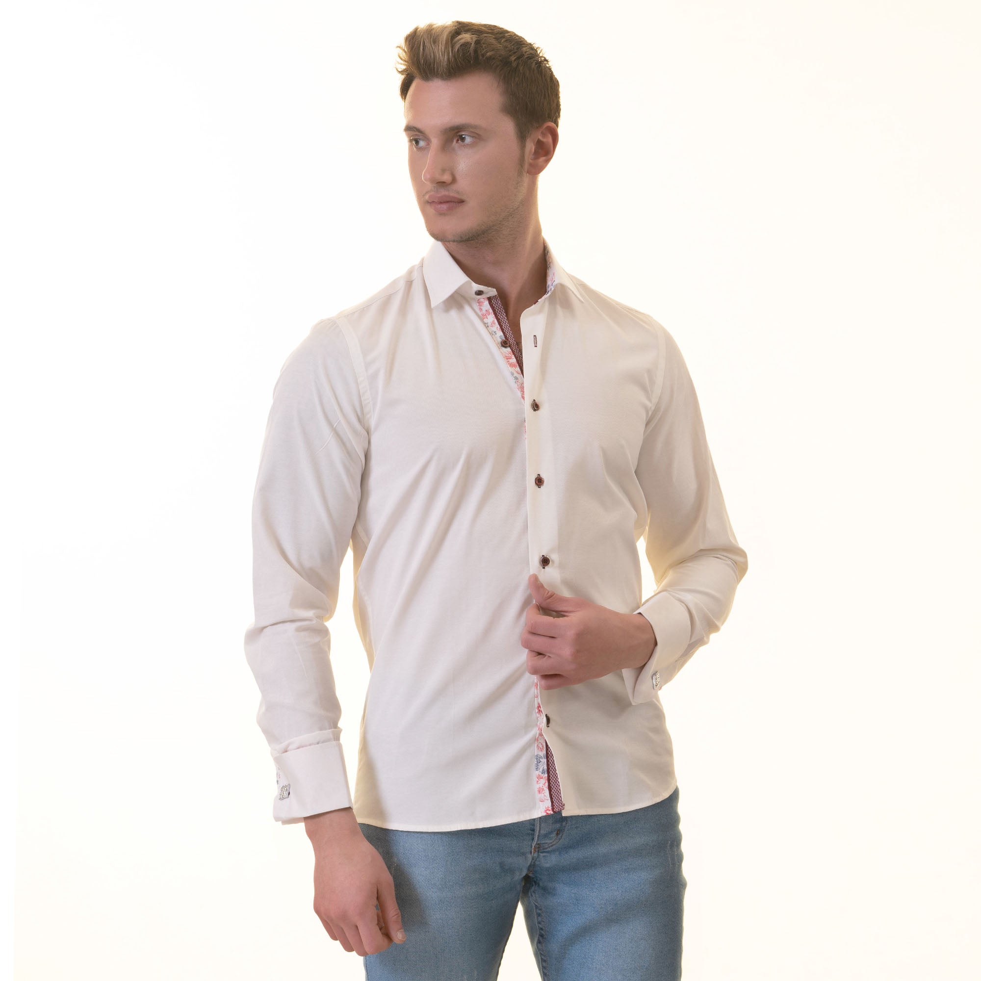 White French Cuff Shirt for Men - Slim Fit Cotton Shirts (Red Floral Inside) - Image 6