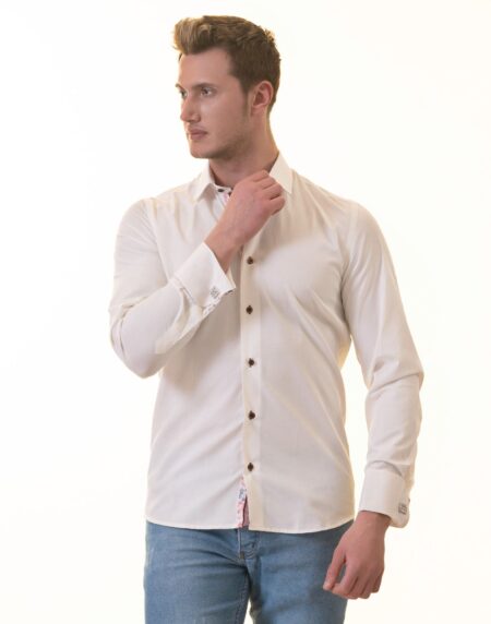 White French Cuff Shirt for Men – Slim Fit Cotton Shirts (Red Floral Inside)