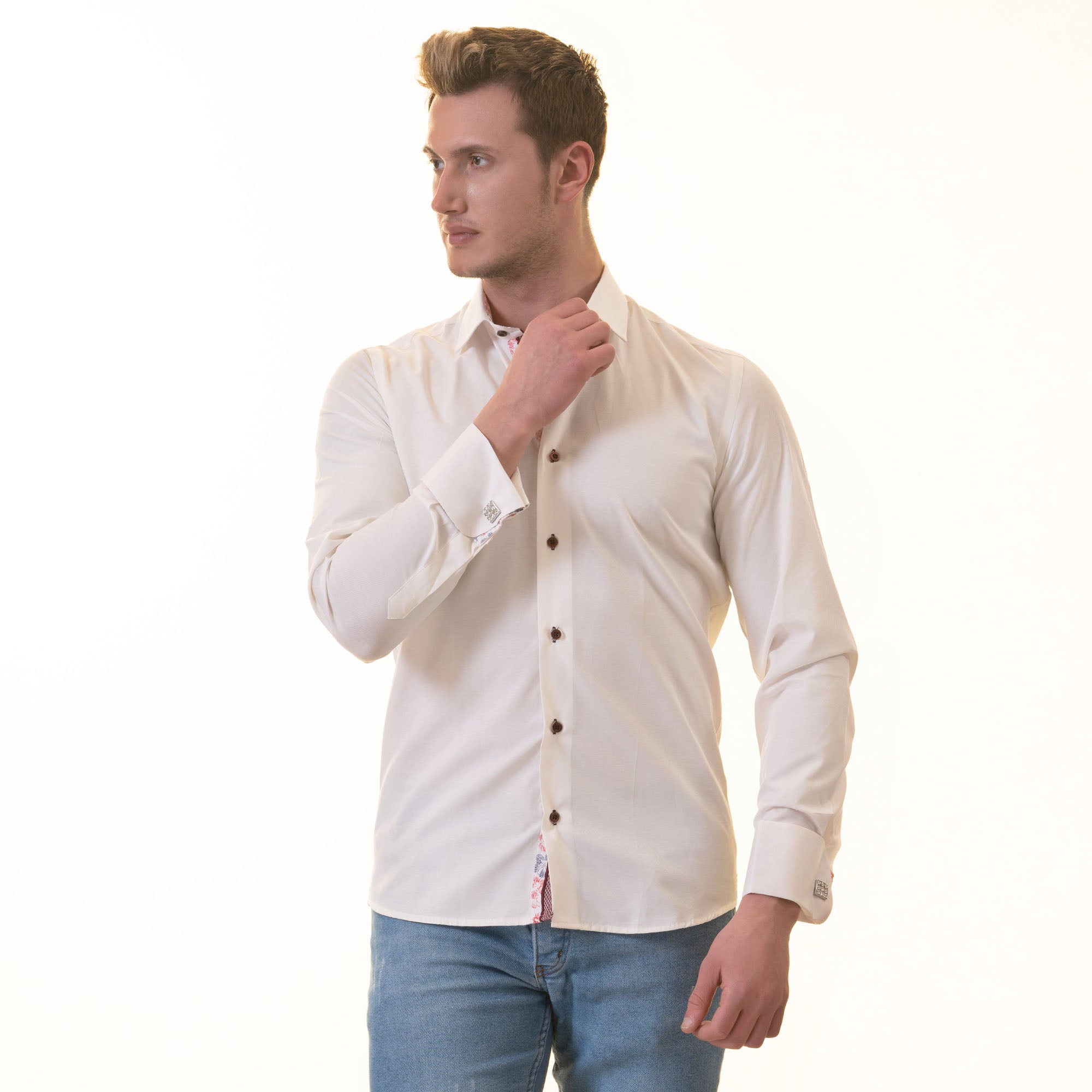 White French Cuff Shirt for Men - Slim Fit Cotton Shirts (Red Floral Inside) - Image 7