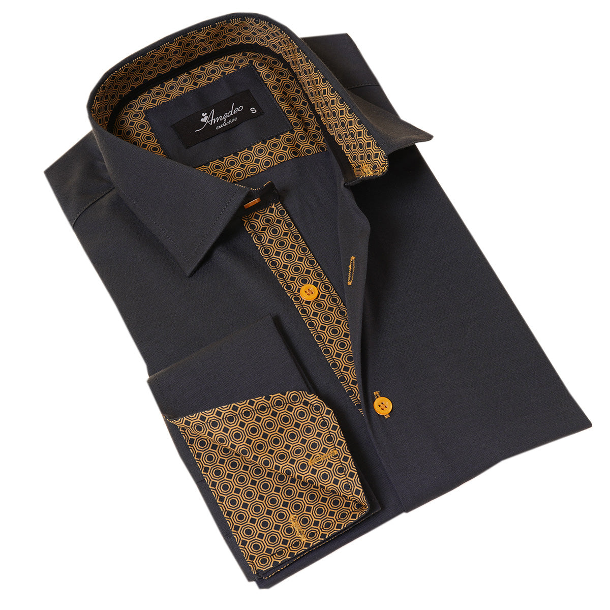 Black Slim French Cuff Shirt for Mens – Long Sleeve (Honeycomb Design Inside)