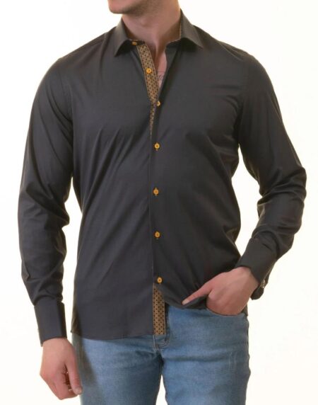 Black Slim French Cuff Shirt for Mens – Long Sleeve (Honeycomb Design Inside)