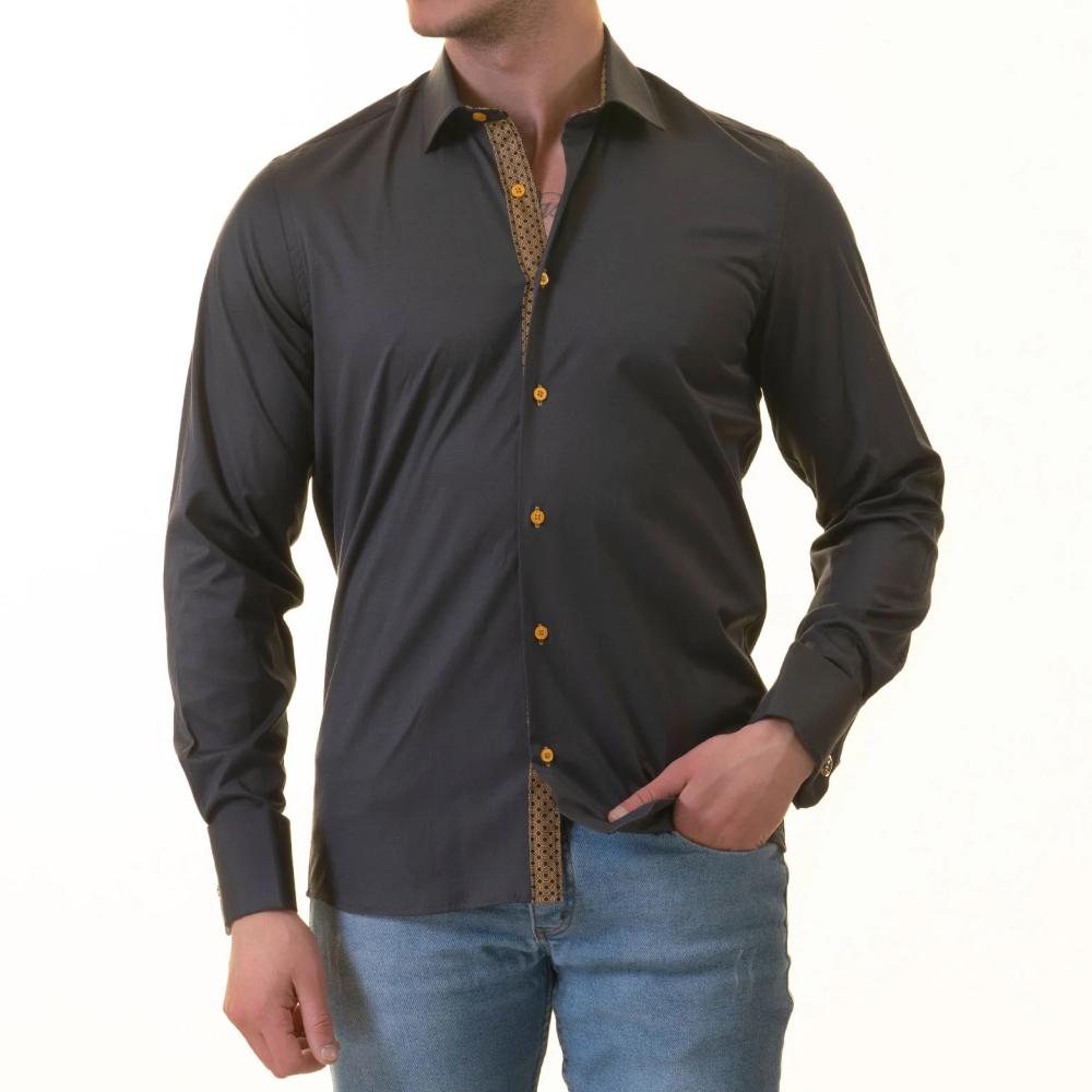 Black Slim French Cuff Shirt for Mens - Long Sleeve (Honeycomb Design Inside) - Image 2