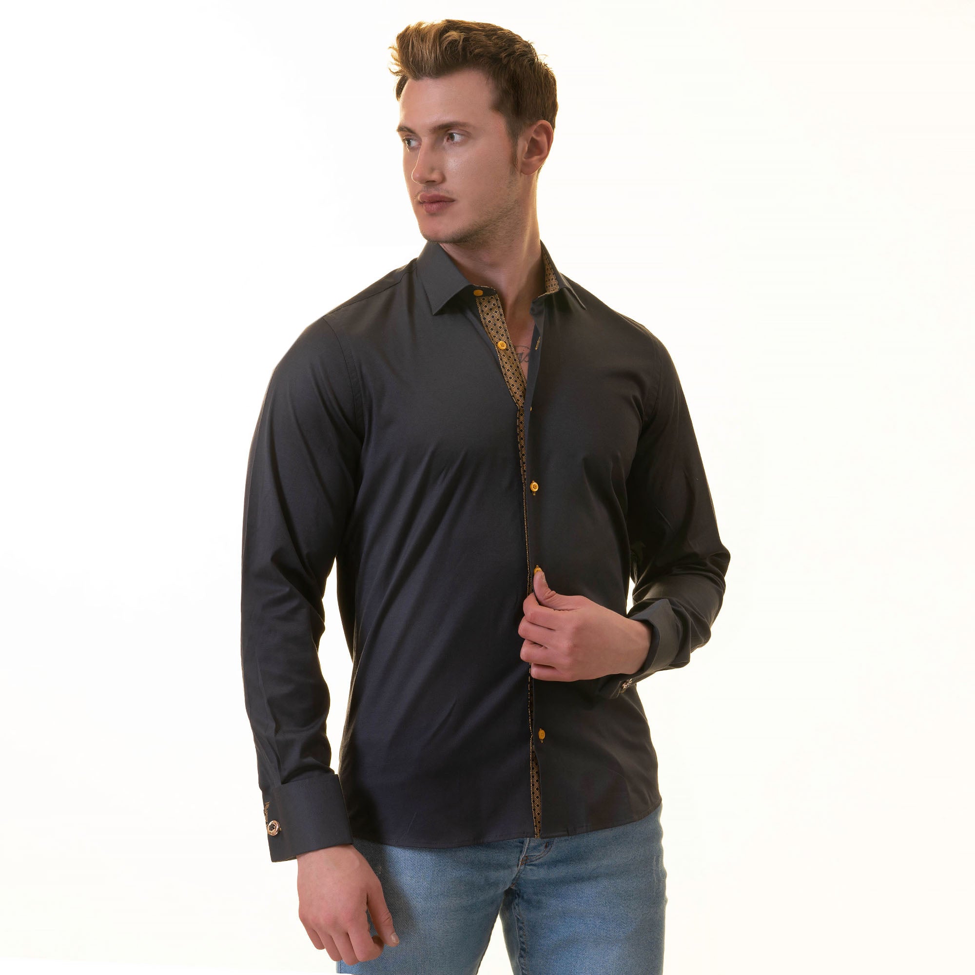 Black Slim French Cuff Shirt for Mens - Long Sleeve (Honeycomb Design Inside) - Image 5