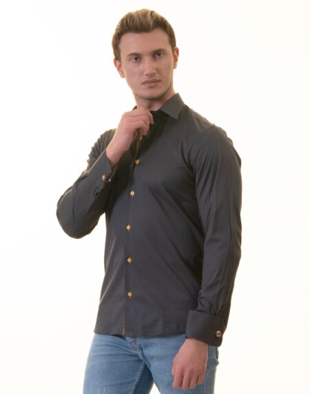 Black Slim French Cuff Shirt for Mens – Long Sleeve (Honeycomb Design Inside)