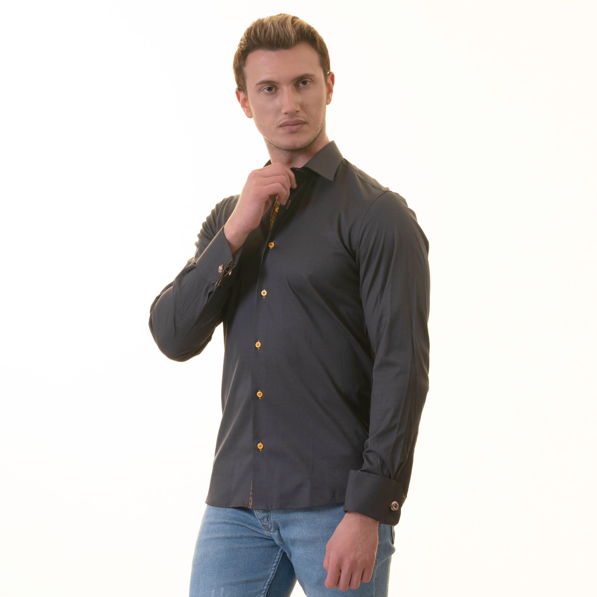 Black Slim French Cuff Shirt for Mens - Long Sleeve (Honeycomb Design Inside) - Image 4