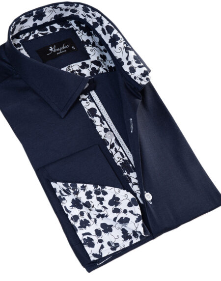 Navy French Cuff Shirt — Slim Fit, Floral Reversible Cuff