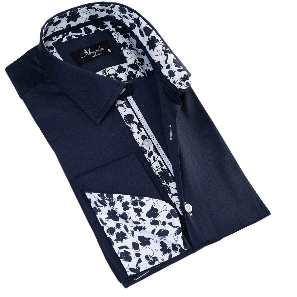 Navy French Cuff Shirt — Slim Fit, Floral Reversible Cuff