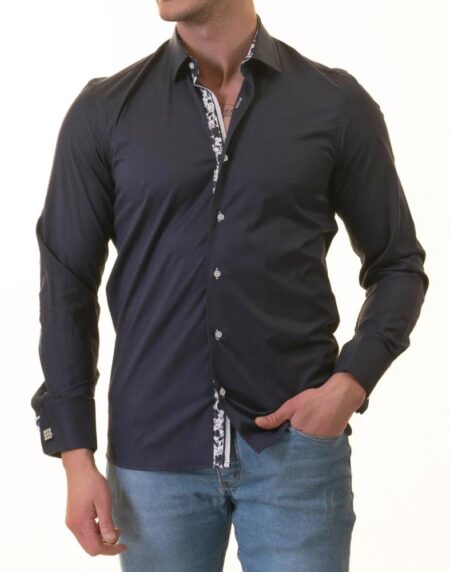 Navy French Cuff Shirt — Slim Fit, Floral Reversible Cuff