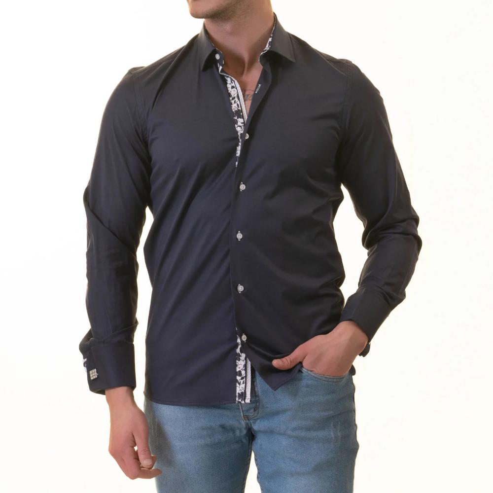 Navy French Cuff Shirt — Slim Fit, Floral Reversible Cuff - Image 2