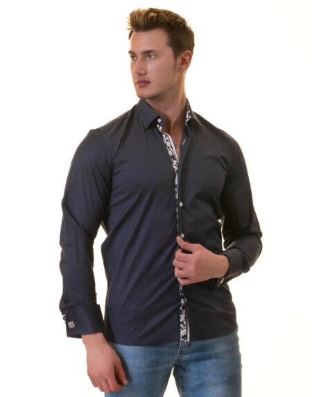 Navy French Cuff Shirt — Slim Fit, Floral Reversible Cuff