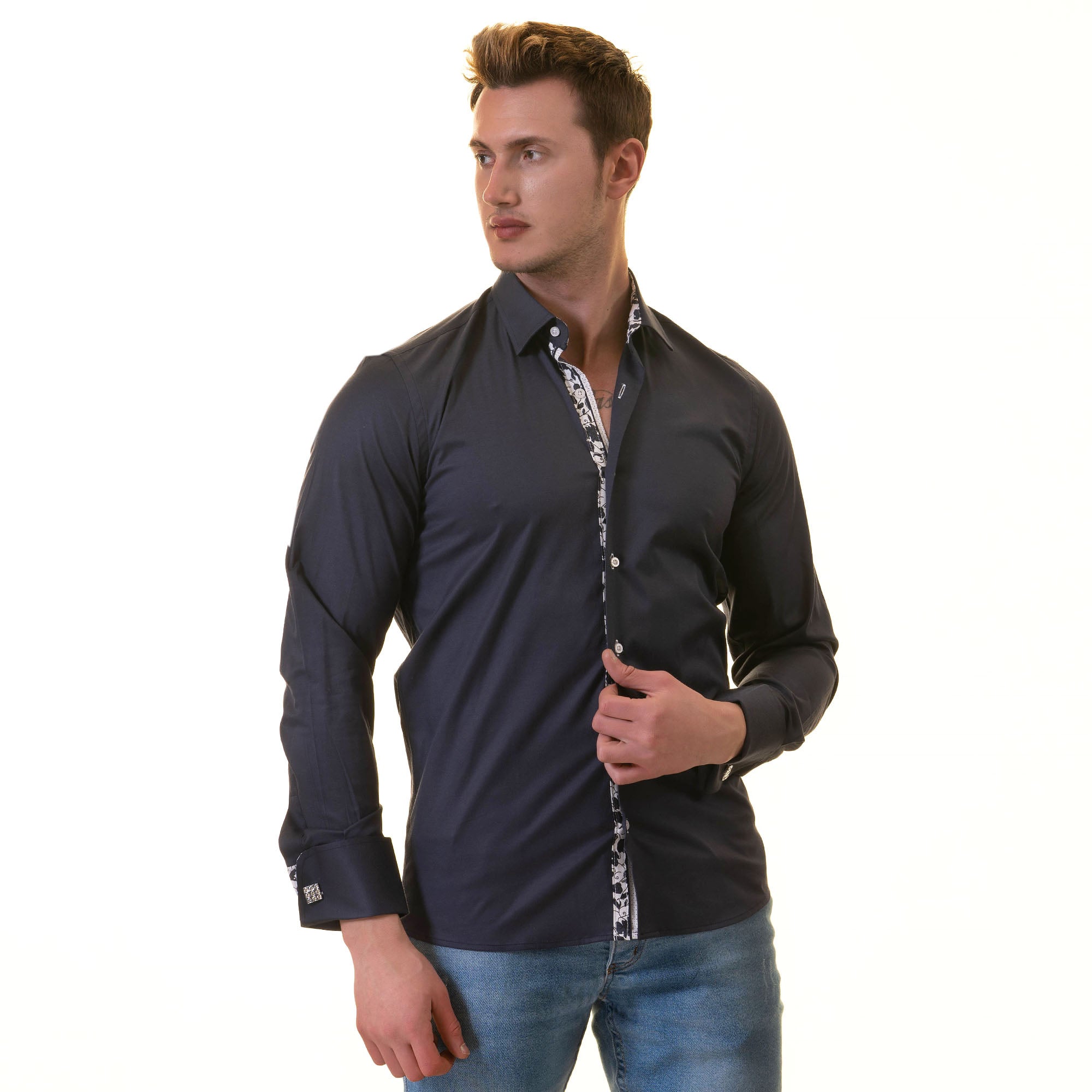 Navy French Cuff Shirt — Slim Fit, Floral Reversible Cuff - Image 4