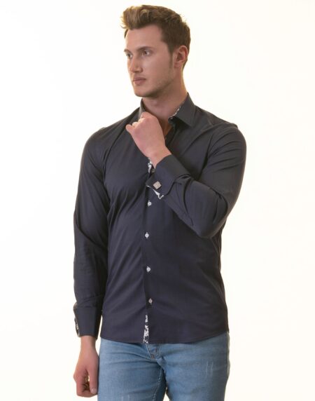 Navy French Cuff Shirt — Slim Fit, Floral Reversible Cuff