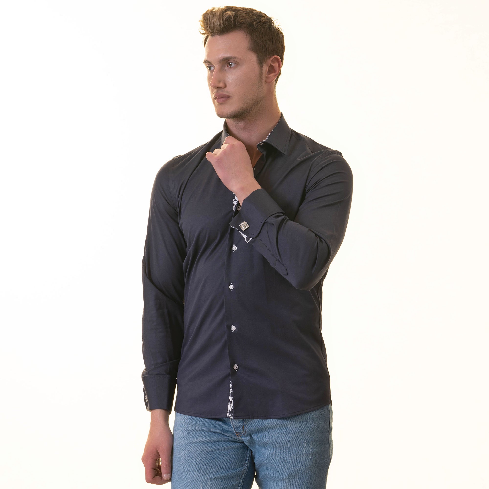 Navy French Cuff Shirt — Slim Fit, Floral Reversible Cuff - Image 5
