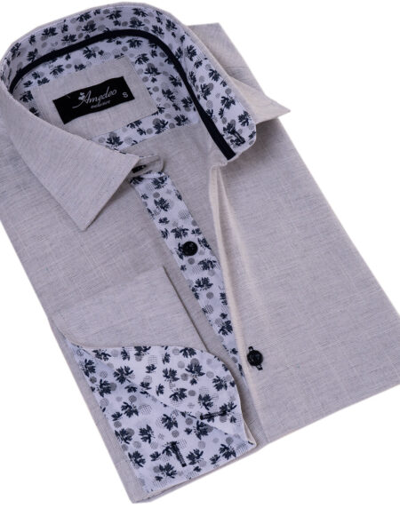 Gray French Cuff Shirt – Men’s Slim Fit Long-Sleeved (Black Floral Inside)