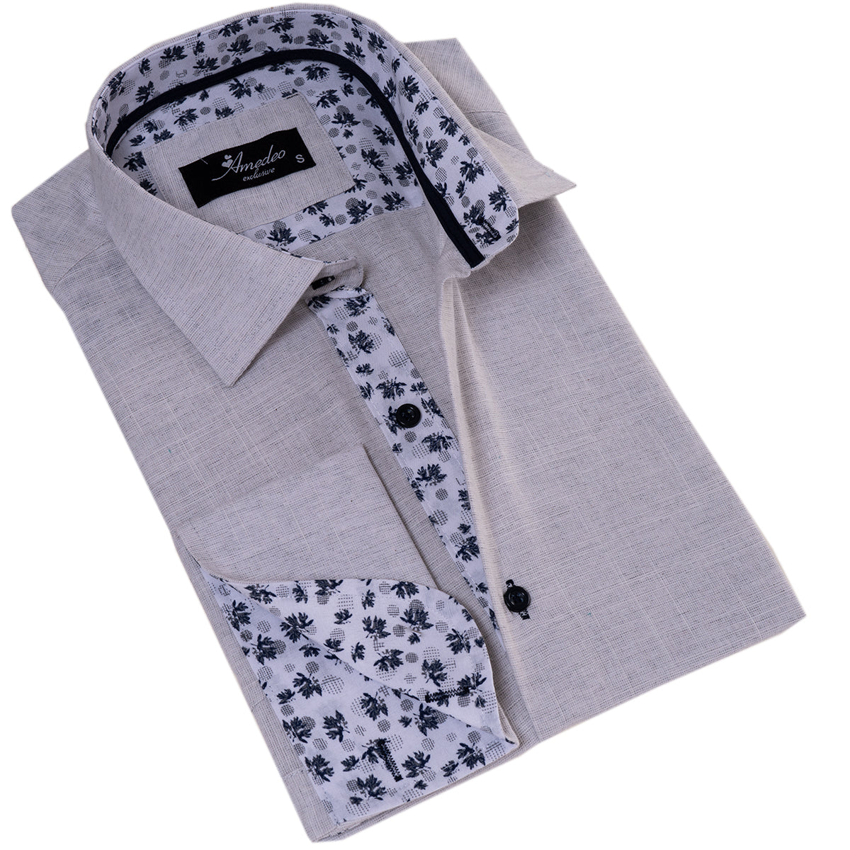 Gray French Cuff Shirt – Men’s Slim Fit Long-Sleeved (Black Floral Inside)