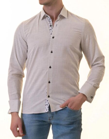 Gray French Cuff Shirt – Men’s Slim Fit Long-Sleeved (Black Floral Inside)