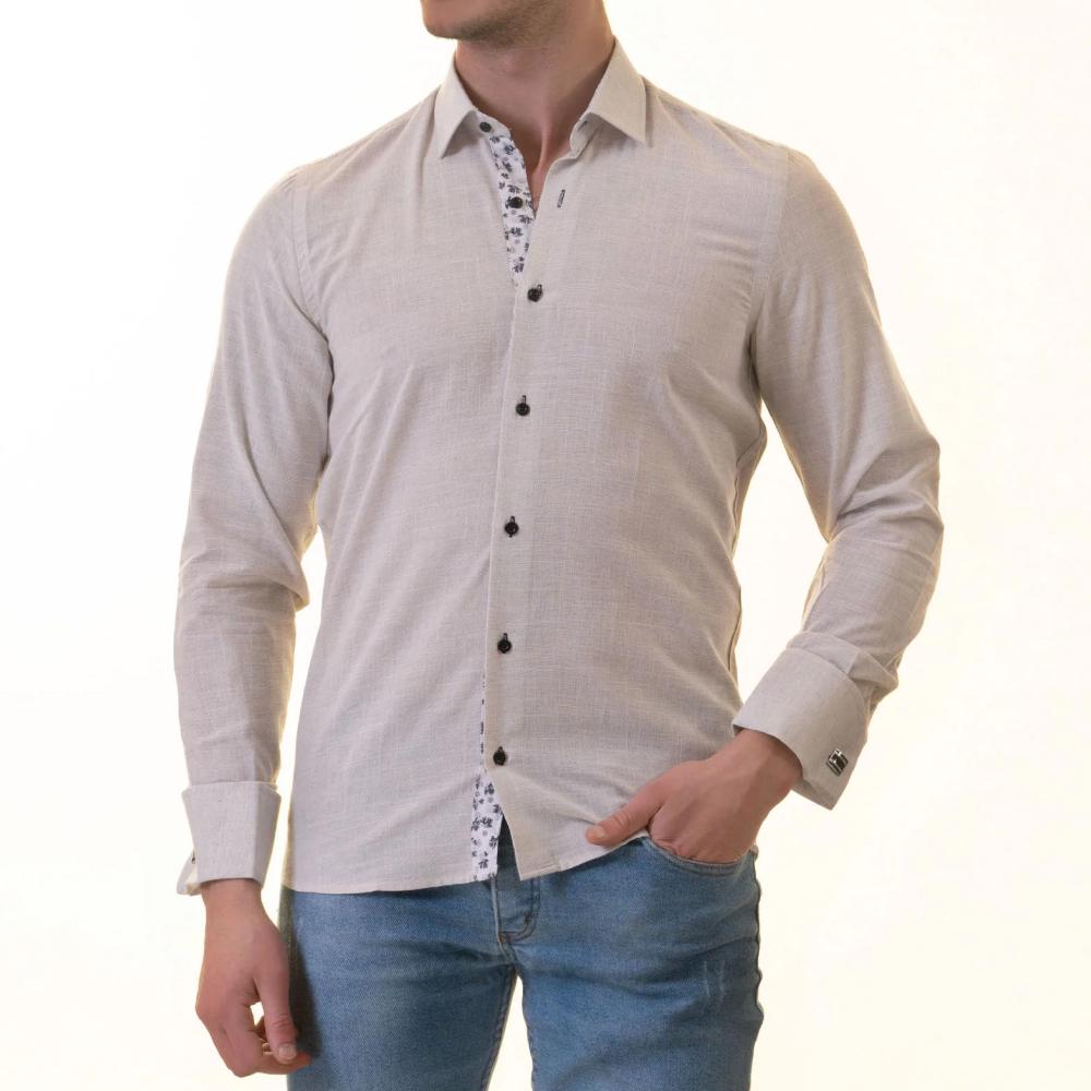 Gray French Cuff Shirt - Men's Slim Fit Long-Sleeved (Black Floral Inside) - Image 2
