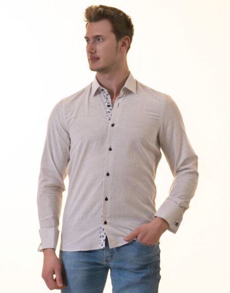 Gray French Cuff Shirt – Men’s Slim Fit Long-Sleeved (Black Floral Inside)